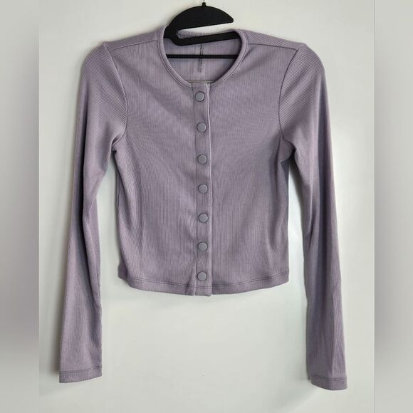 Outdoor Voices CozyRib Cropped Cardigan Sz S Earl Gray Purple NWT - Picture 3 of 10